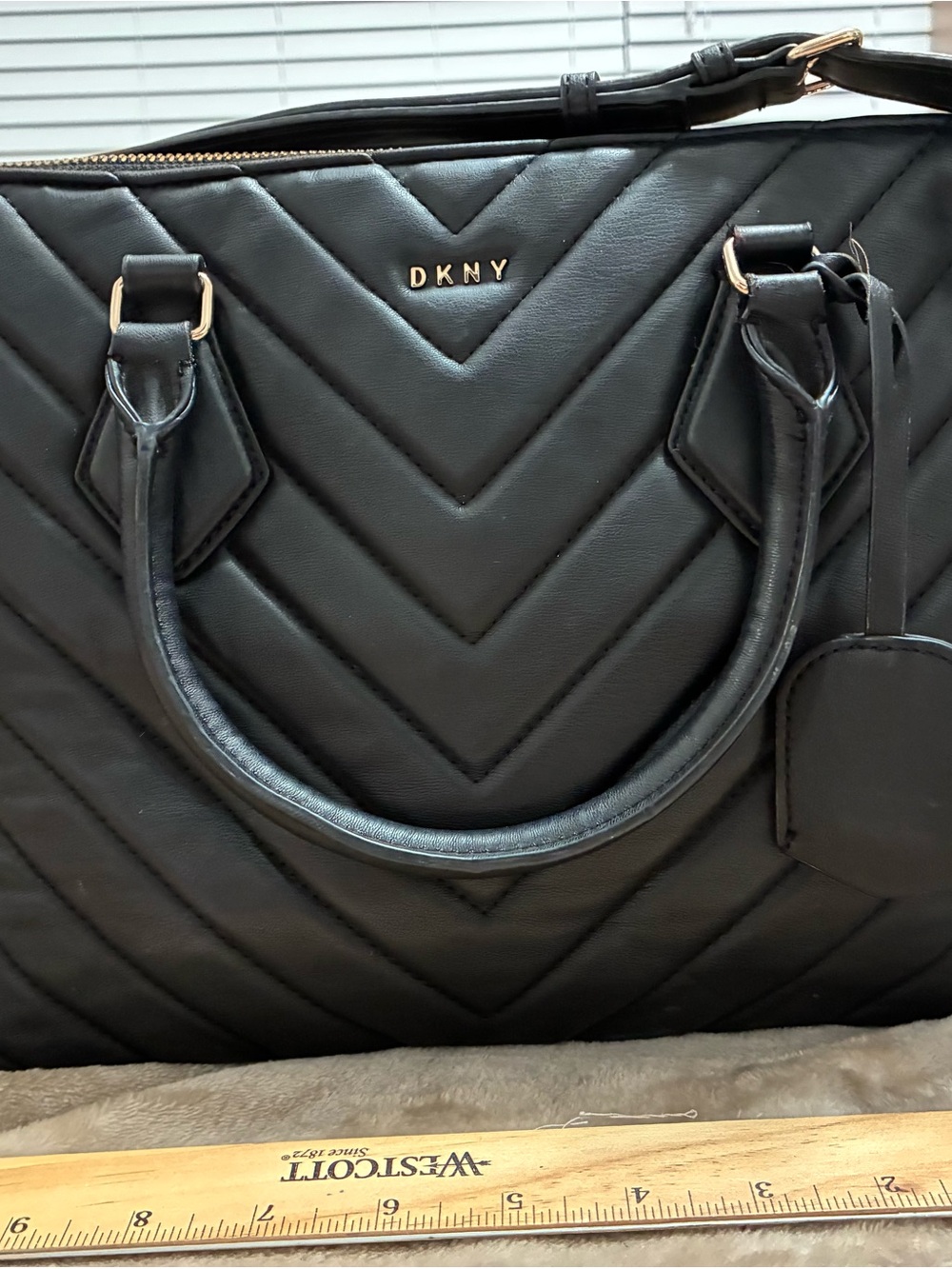 DKNY Black Quilted V-Panel Satchel with Gold-Tone Logo